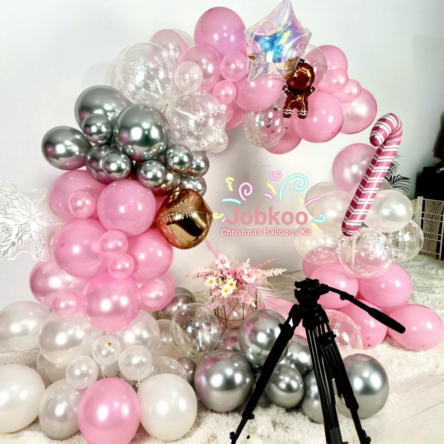 Pink Christmas Decorations Arch Kit, 120 PCS Xmas Balloons with 4D Rose Gold Candy Cane Iridescent Snowflakes, Pastel Pearl Pink Silver Balloons for Gingerbread Decor