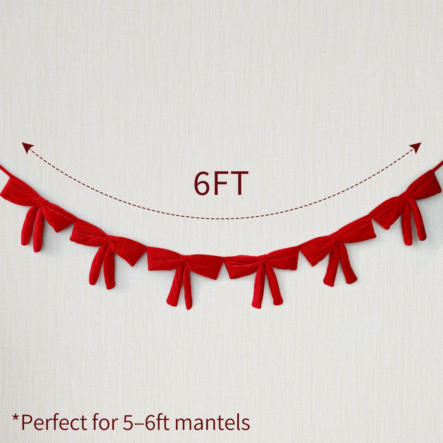 Christmas Decorations - 6 Ft Red Velvet Bow Garland - Xmas Decor for Mantel Fireplace Shelf Cabinet Stand Door Window Frame Bedroom Living Room Home Entryway Indoor Holiday Decoration