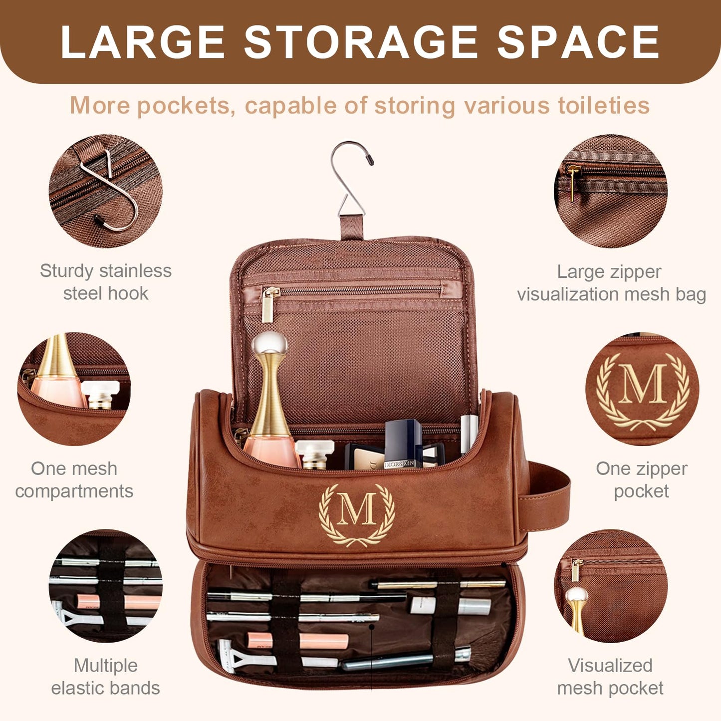 Sparklove Personalized Initial Toiletry Bag for Men, Monogrammed Engraved Mens leather Toiletry Travel Bag,Unique Gift for Him, Dad, Groomsmen, Birthday, Anniversary, Father, Son, Husband