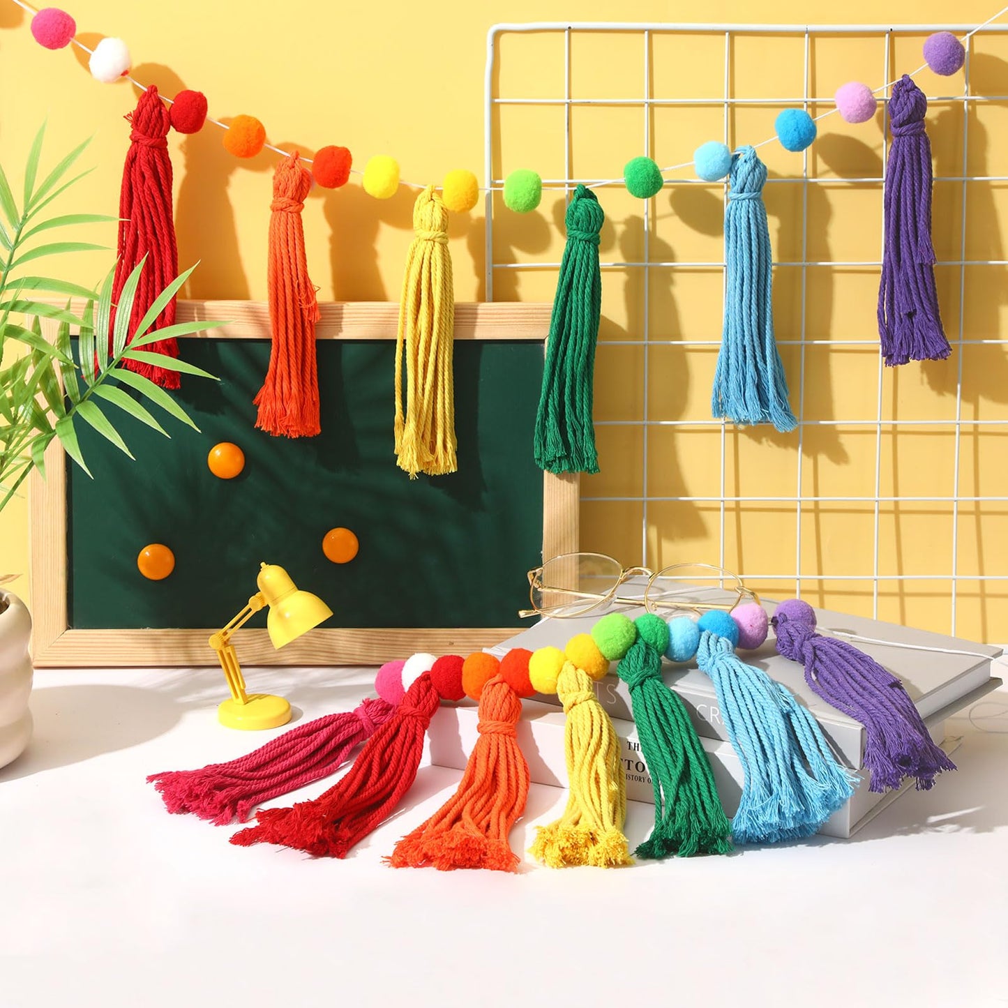 MARFOREVER 4 Pack 26.3 Feet Rainbow Tassel Pom Pom Garland Decorations Garland Banner Hanging Supplies for Back to School Decor Nursery Wall School Classroom Christmas Tree Birthday Party