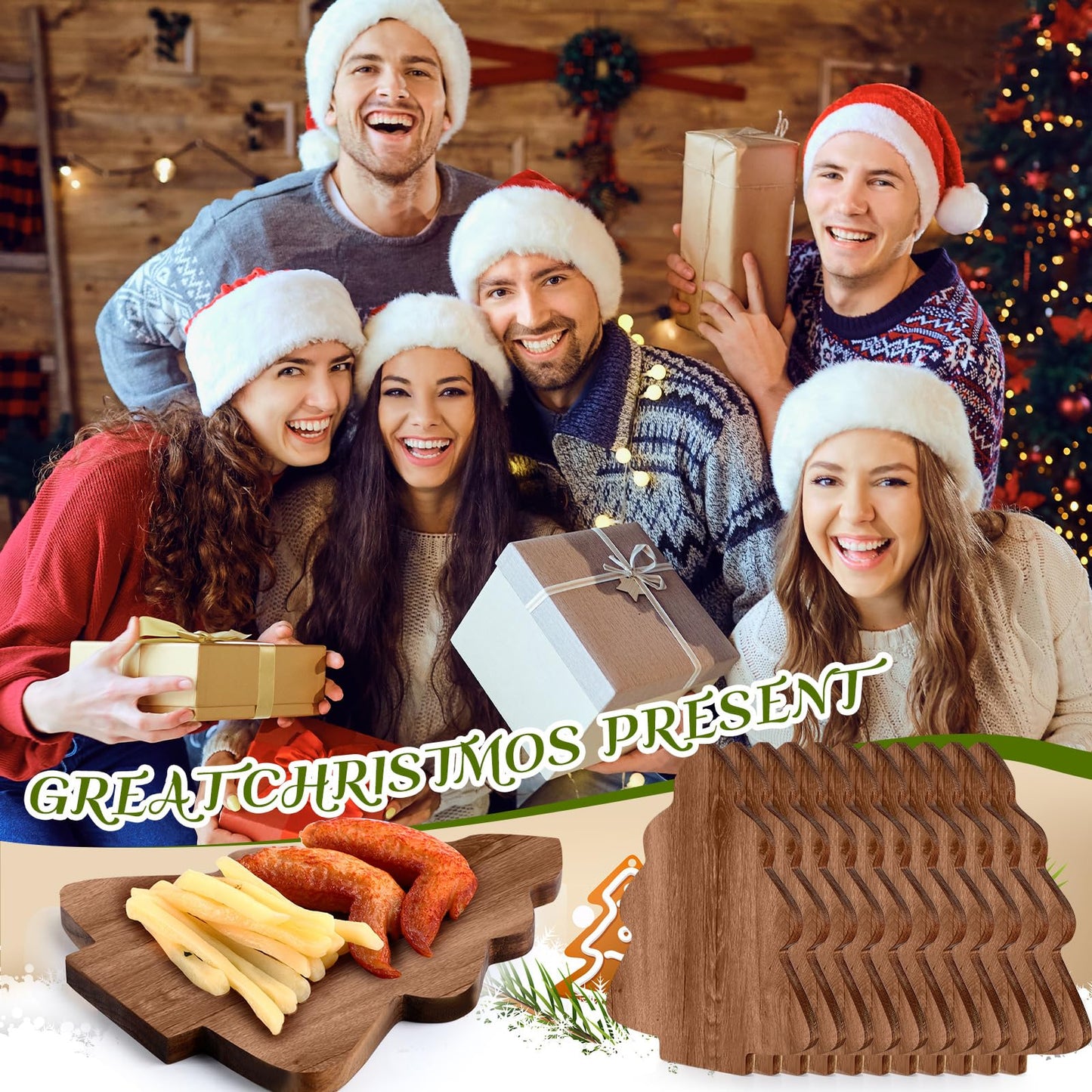 Teenyyou 12 Pcs Christmas Tree Cutting Boards Gift with Cheese Knives Bulk Xmas Charcuterie Board for Kitchen Wooden Bread Serving Tray Platters for Holiday Party Decoration(Acacia Wood)