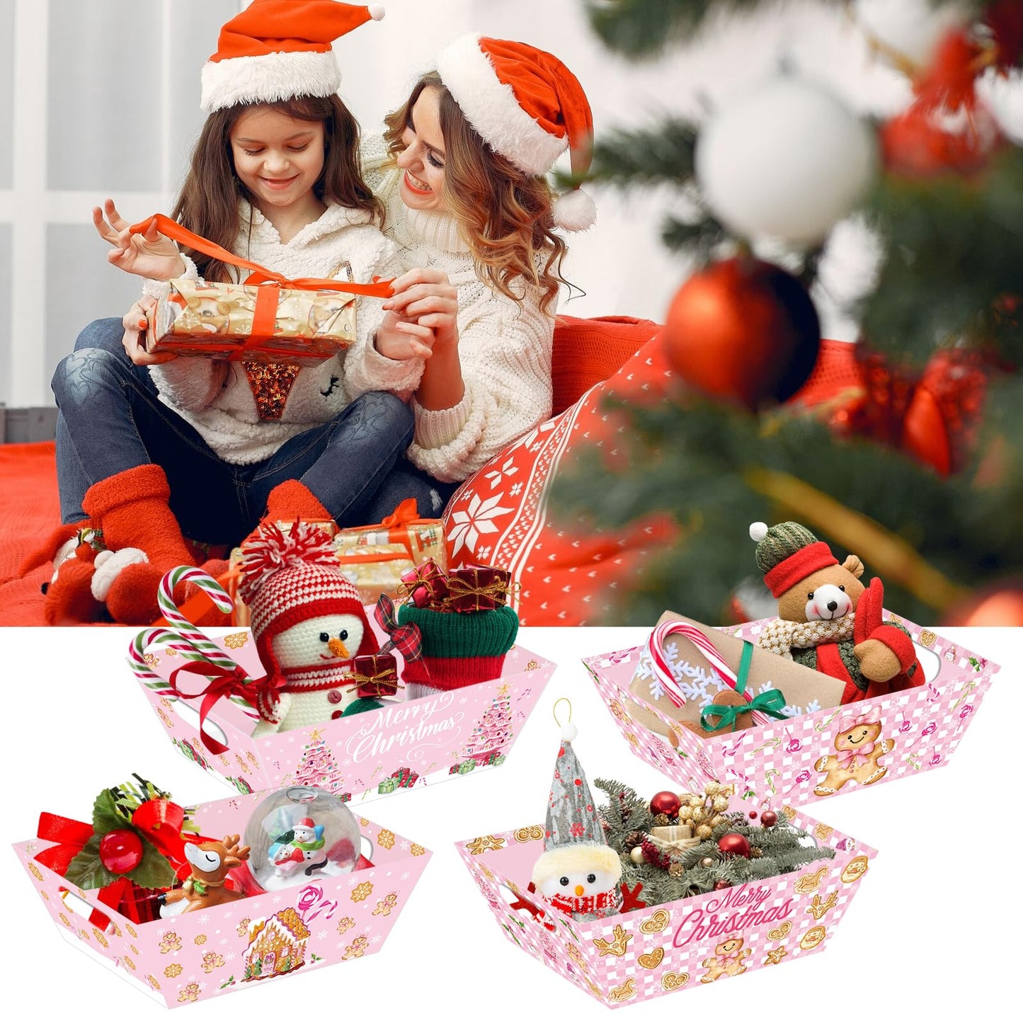 CIEOVO 24 Set Christmas Party Baskets with Cellophane Bows Market Tray Pink Christmas Baskets for Gifts Empty Gingerbread Man Cardboard Bags for Xmas Holiday Party Decor