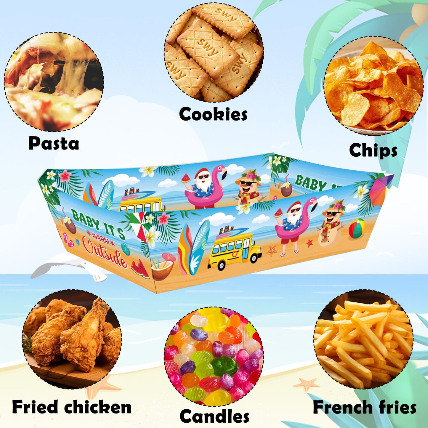 NOVBAUB 24PCS July Christmas Snack Bowl - Paper Summer Christmas Party Decorations Supplies for Barn Bash Summer Santa in July Beach Themed Serving Tray Tableware Carnival Decor
