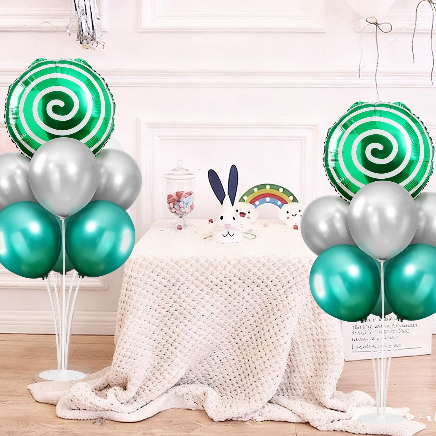 2 Sets Red White Lollipop Balloon Stand Kit, 18 Inch Swirl Foil Balloons Table Centerpieces for Candyland Birthday Party Decorations, Baby Shower, Sweet Candy Themed Party Supplies-Green