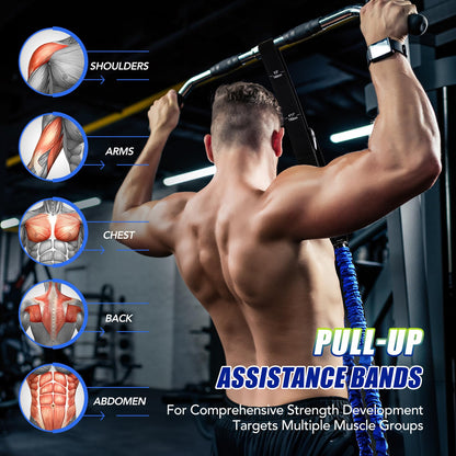 ALongSong Pull Up Assistance Bands with Foot Support Pedal - Upgraded Heavy Duty Resistance Bands Adjustable Weight/Height with 4x80Lbs Bands&Measured Strap for Strength Training Home Gym Core Workout