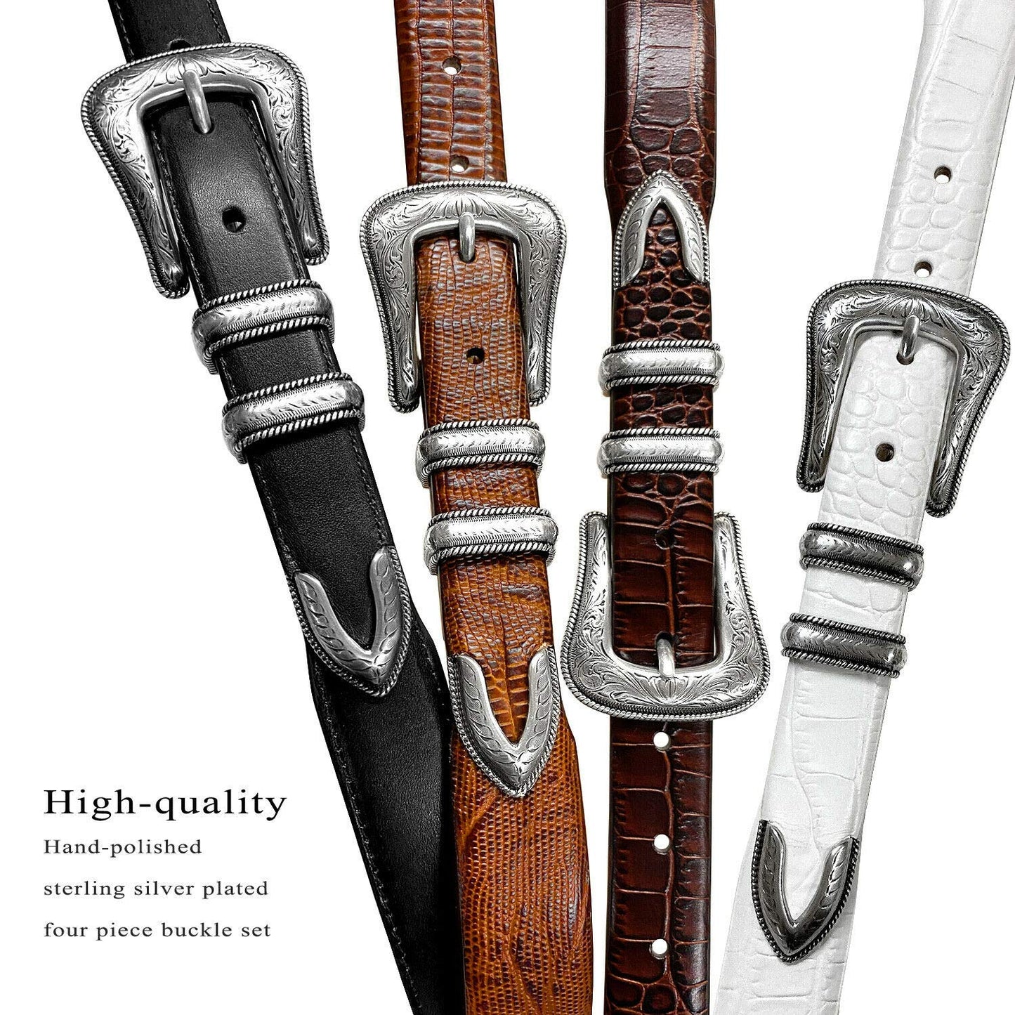 Belts.com Brenton_Genuine Full-Grain Cowhide Leather Dress Belt with Western Silver Plated Buckle Set (Smooth Black, 32)