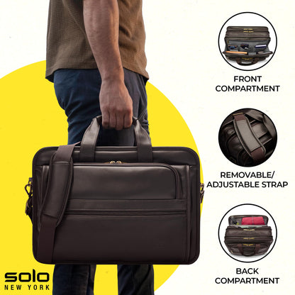 Solo New York Briefcase - Laptop Carrying Bag for Women & Men, Brief for Travel & Work, Padded Shoulder Strap, Premium Leather Body, Fits 15.6" Computer - Espresso