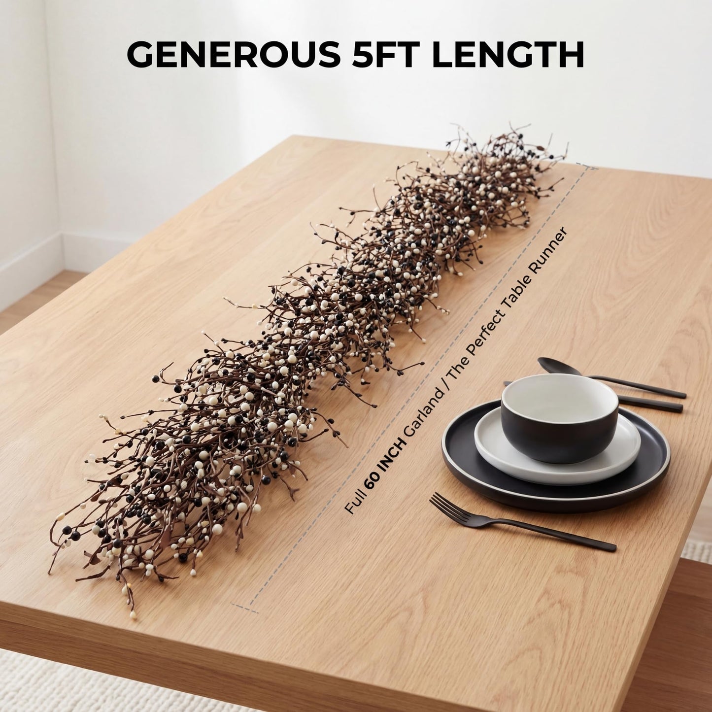 Quixem 60 Inch (5FT) Rustic Black and Cream Pip Berry Garland for Fireplace Mantel & Table Runner, Flexible Wired Artificial Vine, Everyday Modern Farmhouse Decor, Precise Size