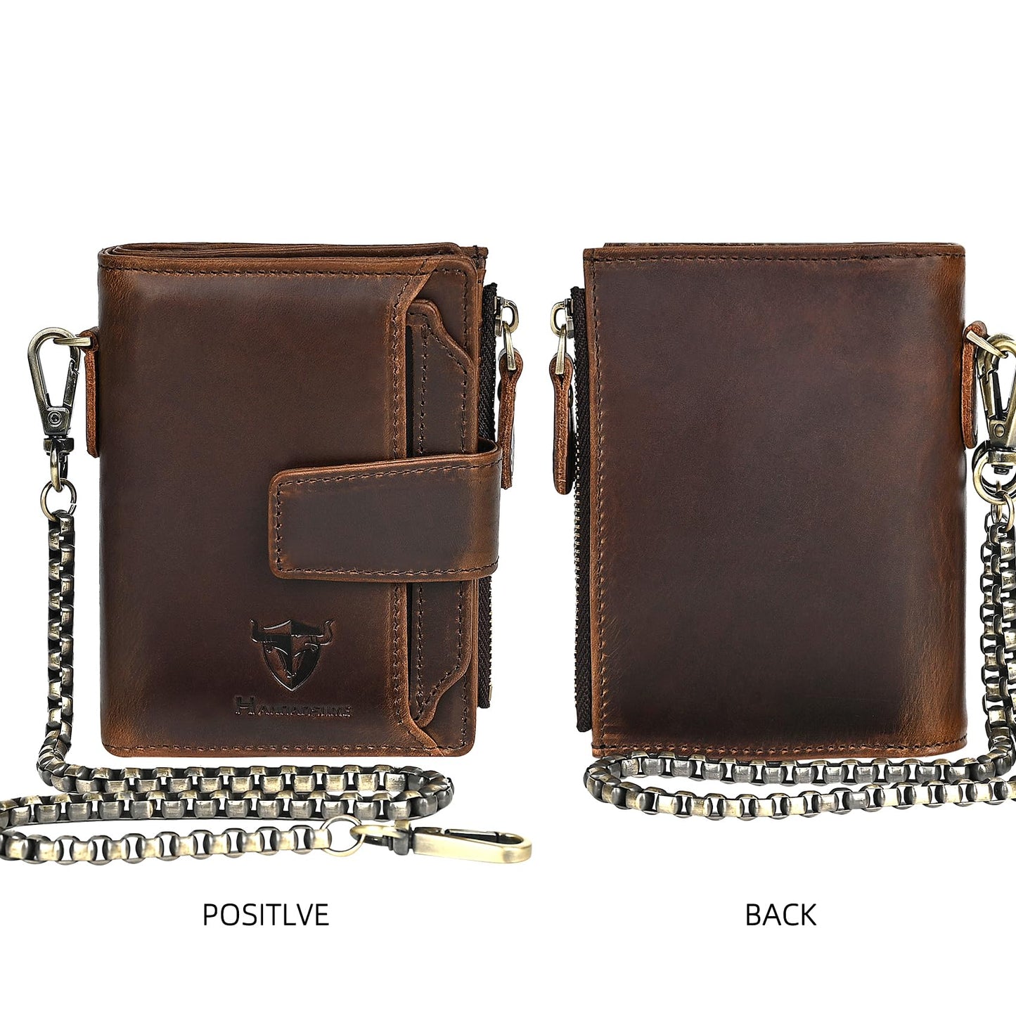 Handadsume Oil Wax Genuine Leather Travel Gift Coin Pocket Card Case Vertical Chain Rfid Wallet Purse With Snap For Men Male 1804 (2-251881 Brown1)