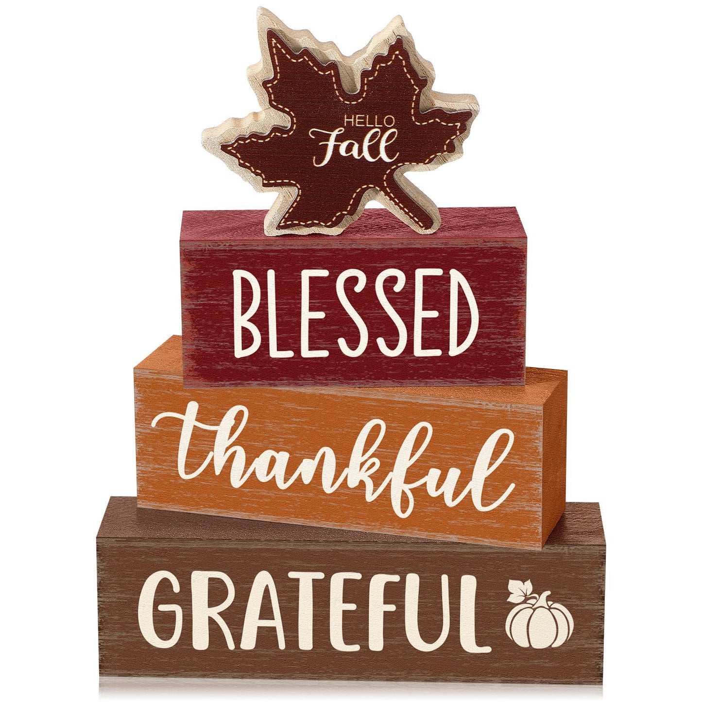 Yousoontic 4 Pcs Hello Fall Wooden Table Decorations Maple Leaf Autumn Rustic Block Signs Centerpiece Tiered Tray Decor Thanksgiving Wood Farmhouse Tabletop Decor Gift for Kitchen Entryway Home Desk