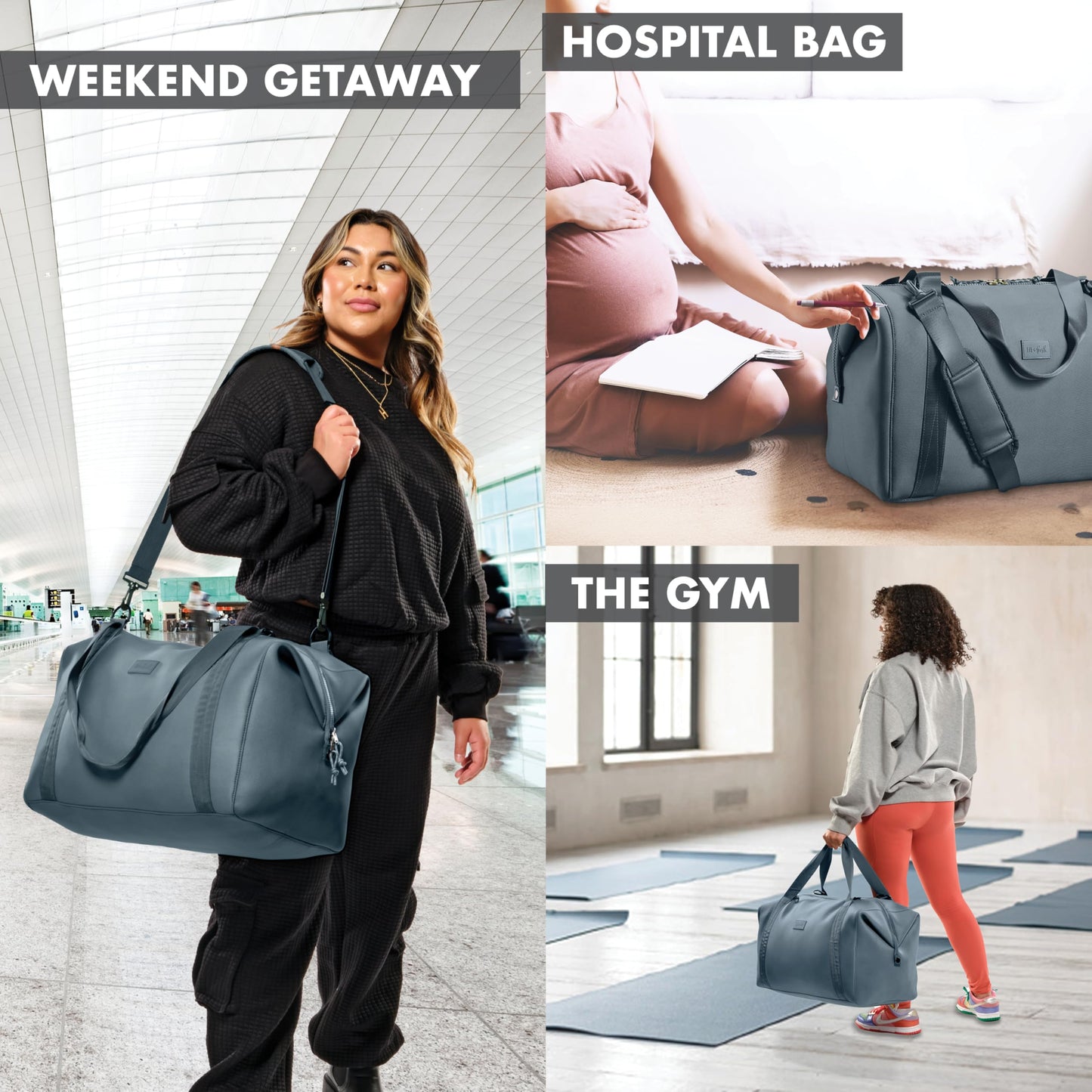 Fit & Fresh Neoprene Weekender Bag for Women – Carry-On Friendly Travel Duffel with Expandable Sides, Trolley Sleeve & Pockets – Lightweight, Water-Resistant Overnight Bag for Weekend Trips, Basalt