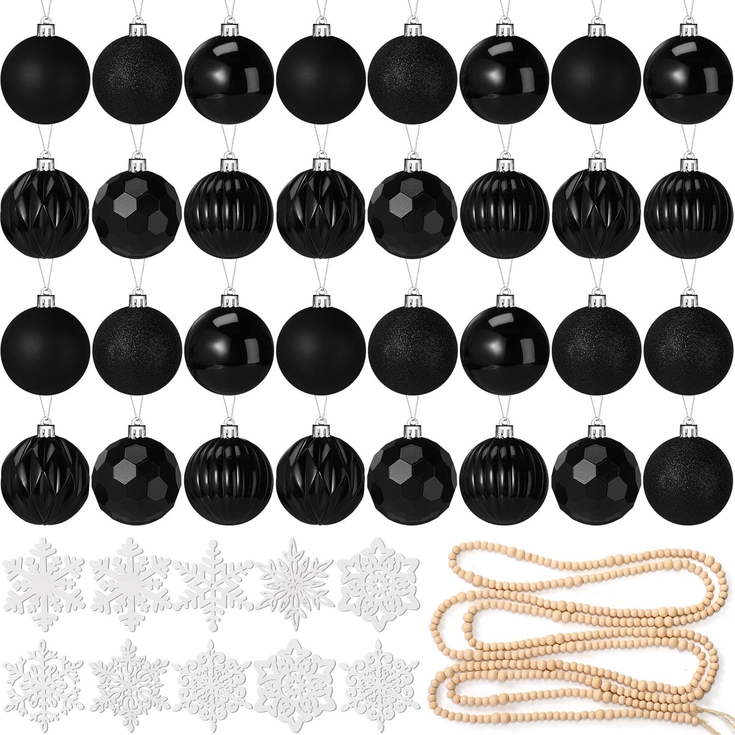 Aoriher 45 Pcs Christmas Tree Ornament Set,34pcs Christmas Ball Ornaments with Xmas Wooden Bead Garland Snowflake Ornaments for Xmas Tree Holiday Wedding Party Wreath Home Decoration(Black)