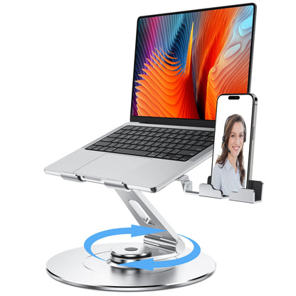 LOXP Laptop Stand with Phone Holder, Adjustable Laptop Stand with 360 Rotating Base, Aluminum Computer Mount Holder, Ergonomics Laptop Riser for Desk, Fits MacBook, up to 17.3" All Notebooks Silver
