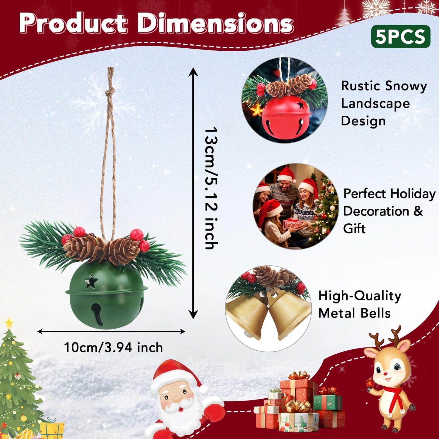 Partyotu 5 Pcs Christmas Bell Ornaments with Pine Cones & Red Berries, Rustic Metal Hanging Bells for Christmas Tree Decorations, Farmhouse Holiday Decor for Home, Mantel, Wreath & Garland