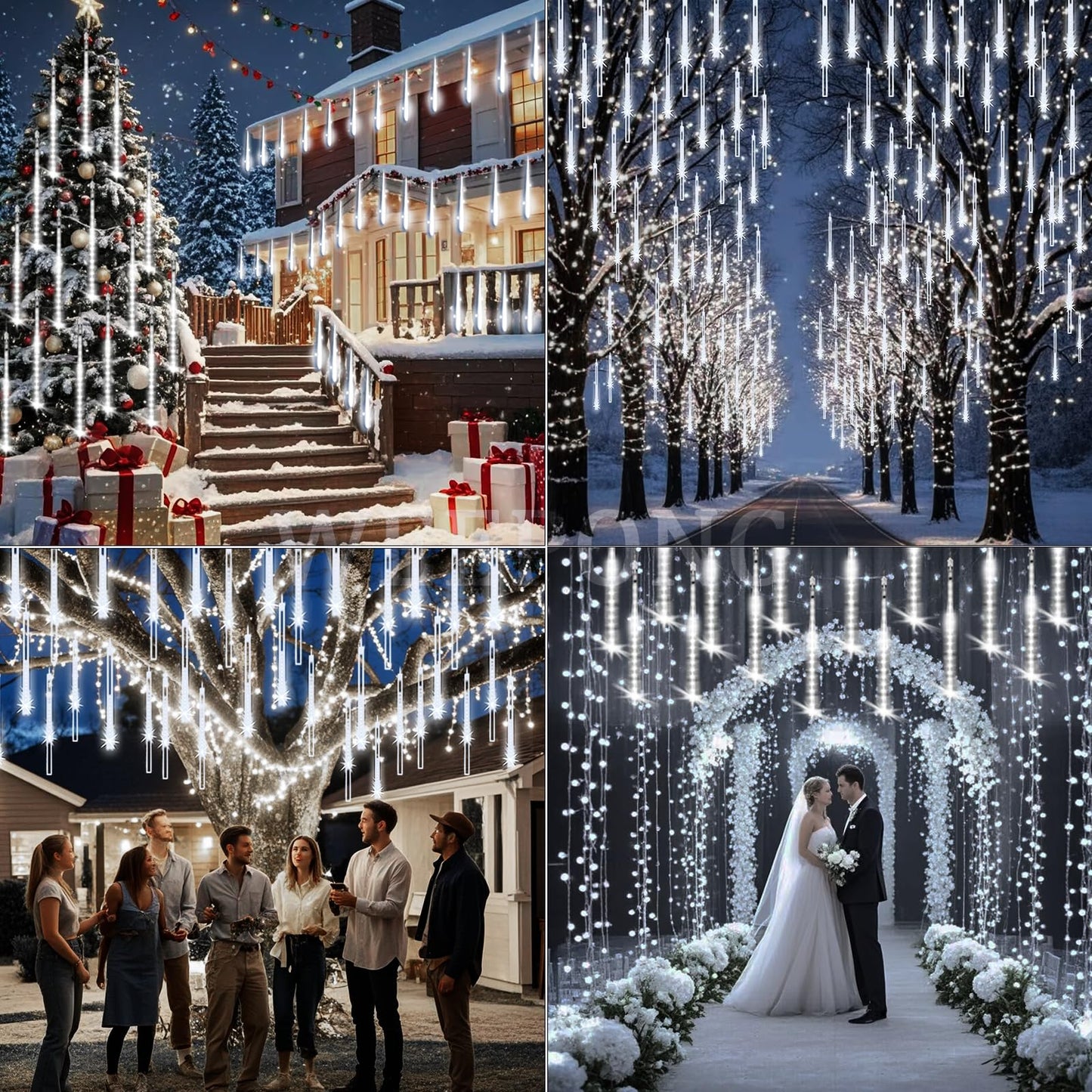 Weepong Christmas Lights Outdoor UL Certified Meteor Shower Lights 12 Inch 8 Tubes 192 LED Falling Rain Drop Icicle Snow Cascading Light for Xmas Tree Wedding Party Garden Decoration, White