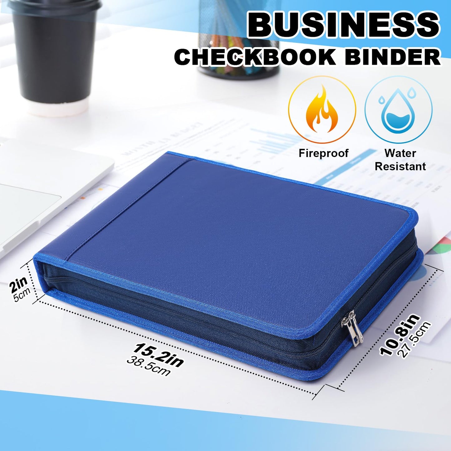 Henoyso 7 Ring Fireproof Business Checkbook Binder with Zipper 1.5 Inch D Rings Check Binder 9 x 13 Inch Checks 600 Sheets Capacity Built in Storage Organizer for Office Storage(Dark Blue)