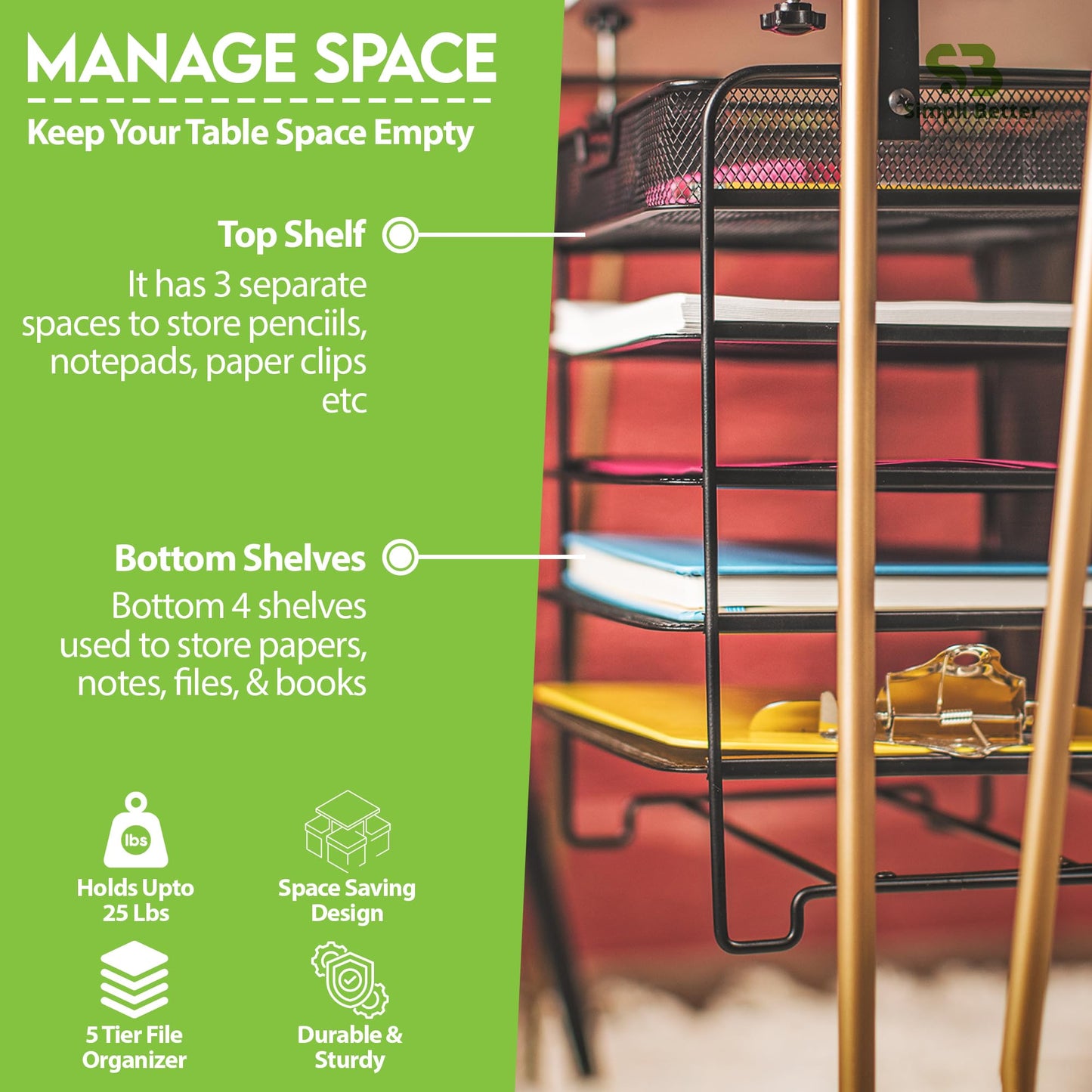 SB Simpli Better File Organizer 5 Tier Under The Desk File Holder, Clamp On Hanging File Organizer, SPACE SAVING DESIGN File Holder for Office Desk