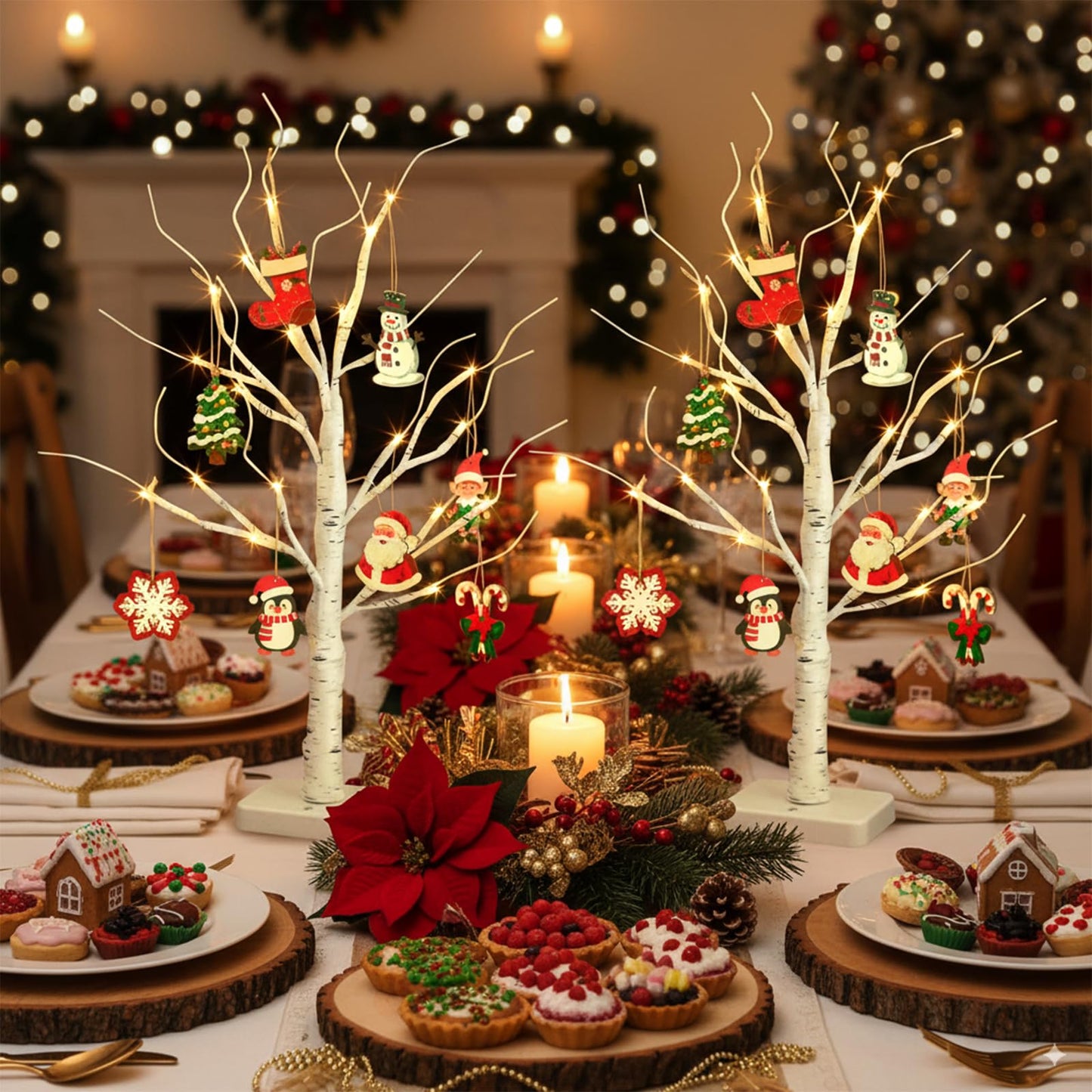EAMBRITE Lighted Birch Tree with Christmas Ornaments, 2 Pack Small Christmas Trees with Led Lights, White Twinkling Tree Decorations Tabletop Centerpieces for Home Table Bedroom Indoor Decor (22inch)