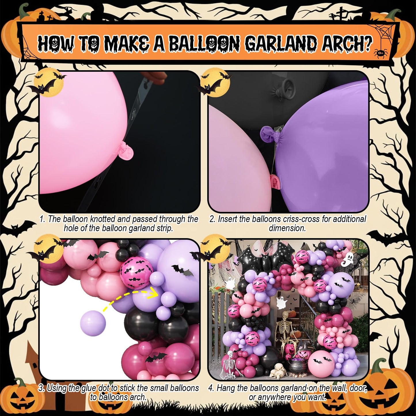 Halloween Balloon Arch Kit 102Pcs Hot Pink Purple Black Balloon Garland with Halloween Bat Foil Rose Red Balloons for Trick or Treat Day of the Dead Spooky Boo Ghost Haunted House Party Decorations