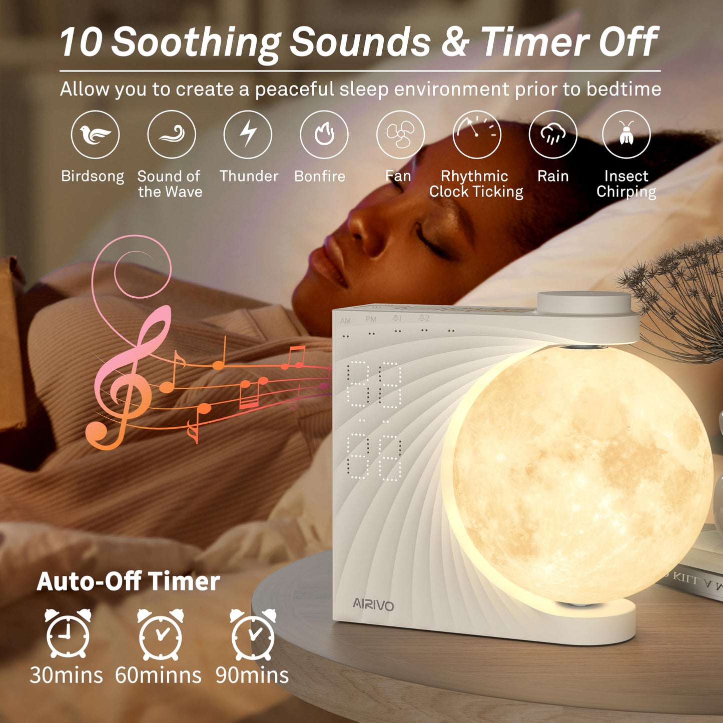 AIRIVO Sunrise Alarm Clock for Bedrooms, Wake Up Light & Sound Machine, Moon Night Light with Dual Alarms, 15 Sounds, 12 Volume Levels, Snooze for Kids Teens Heavy Sleepers