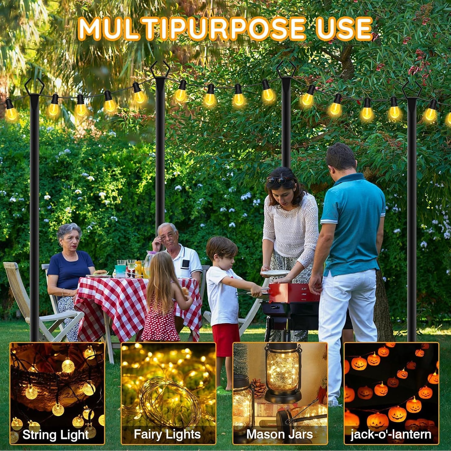 AHRLHR 6 Pack String Light Poles, Outdoor String Light Pole 10 ft Forked Metal Light Pole with Adjustable Outdoor Light Stand, Deck, Backyard, Garden, Wedding, Rustproof and Sturdy with Hooks.