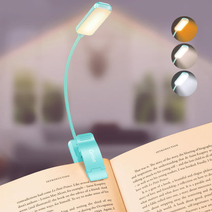 Gritin 9 LED Rechargeable Book Light for Reading in Bed - Eye Caring 3 Color Temperatures,Stepless Dimming Brightness,80 Hrs Runtime Small Lightweight Clip On Book Reading Light for Studying