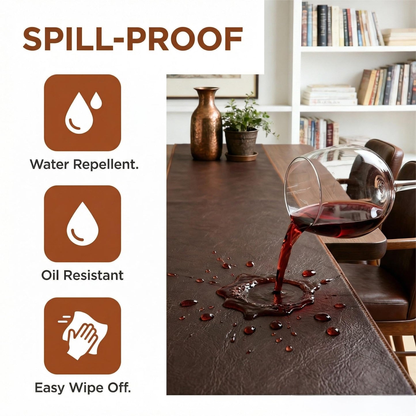 Double-Sided Faux Leather Table Runner, Brown & Coffee Reversible, Waterproof Heat Resistant Non-Slip Wipeable Oil-Proof Tablecloth, for Dining/Coffee/TV Stand/Dresser 13x72 inch
