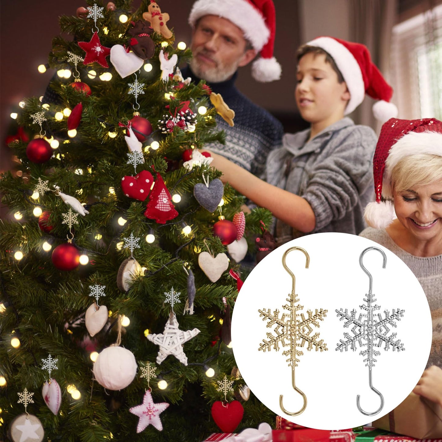 INCREWAY 60 Pcs Christmas Ornament Hooks Sliver Gold Snowflake Decorative Ornament Hangers for Xmas Christmas Tree for Small Ornaments