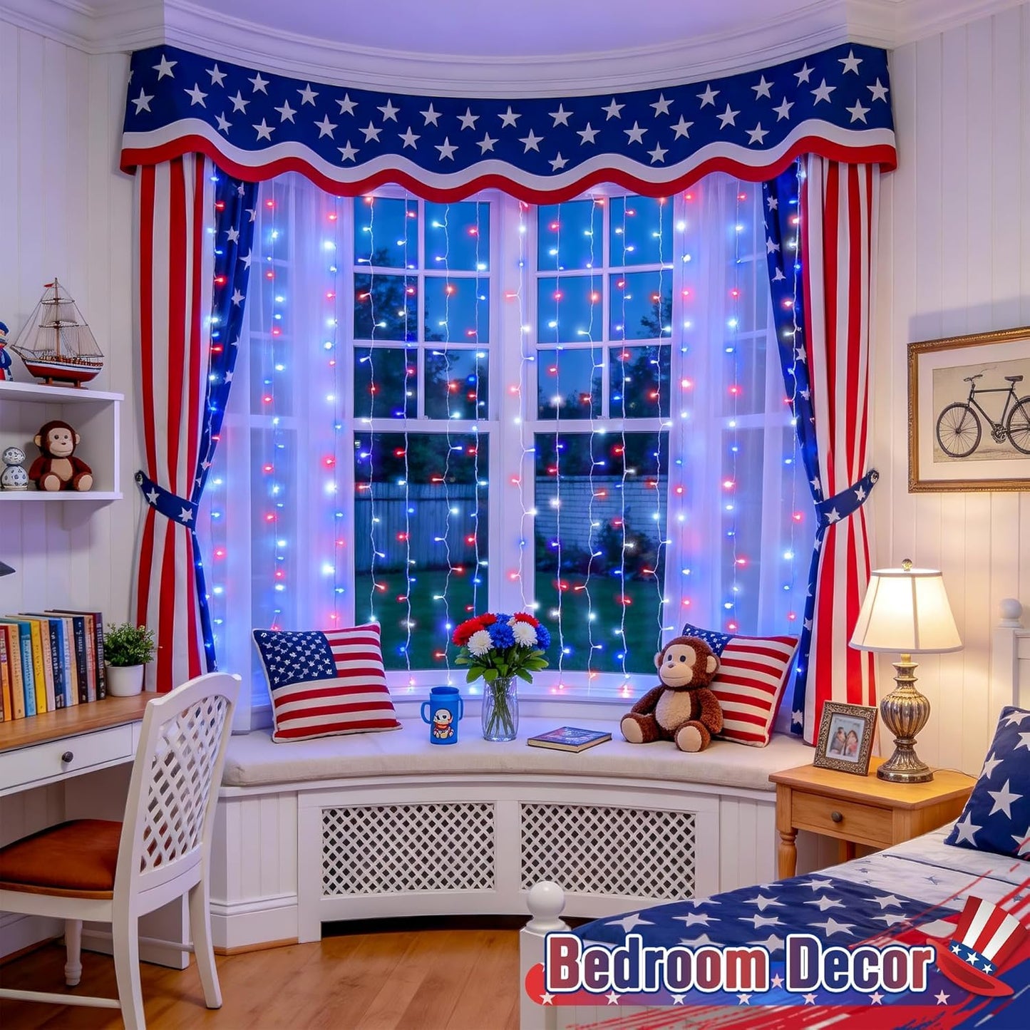 JMEXSUSS 300LED Red White and Blue Lights with Remote, 4th of July Lights Plug in, Patriots Curtain Hanging String Lights for Bedroom Wall Window Backdrop Indoor Outdoor 4th of July Decor, 9.8x9.8ft