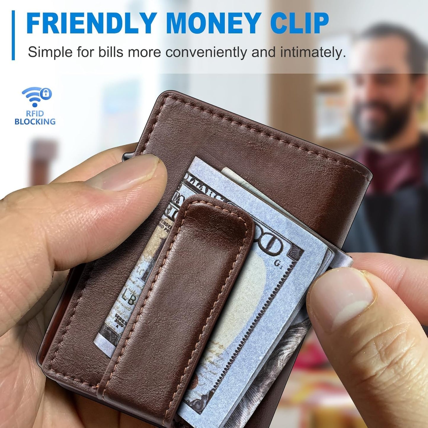 Plinvo Men's Slim Genuine Leather Wallet with Money Clip, Coin Pocket, RFID Blocking, ID Window (Burnt Umber)