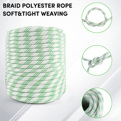 VEITHI 3/8 inch x 164 ft Braid Polyester Rope,Arborist Rigging Rope 3520lbs Breaking Strength Strong Pulling for Climbing,Camping,Sailing,Swings, etc. (White-Green)