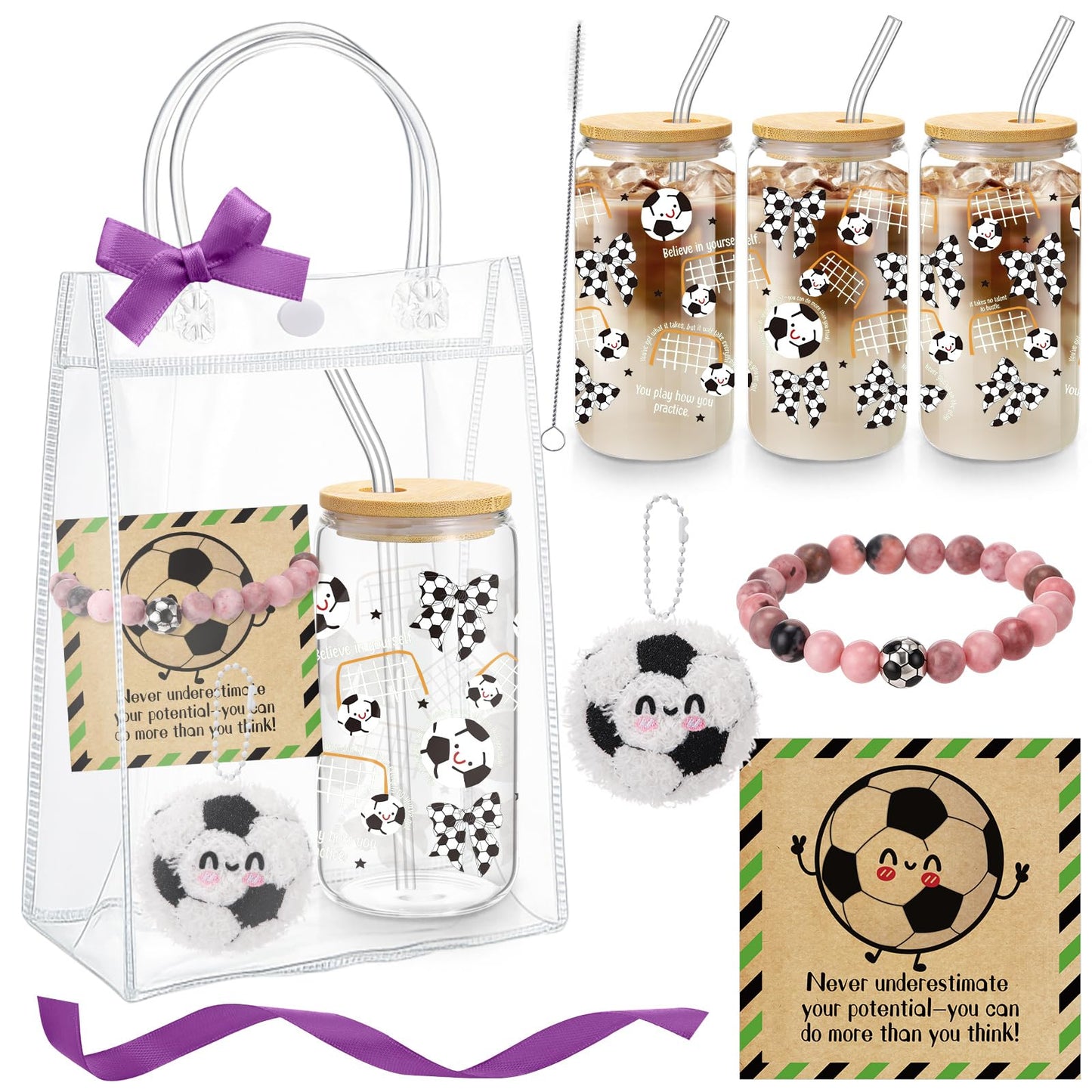 Roshtia 6 Pcs Soccer Lover Gifts Straw Glass Cup Support Doll Natural Stone Bracelet with Ribbon Card Bag Office Inspirational Gift for Coworker Team Player Sport Party Favor