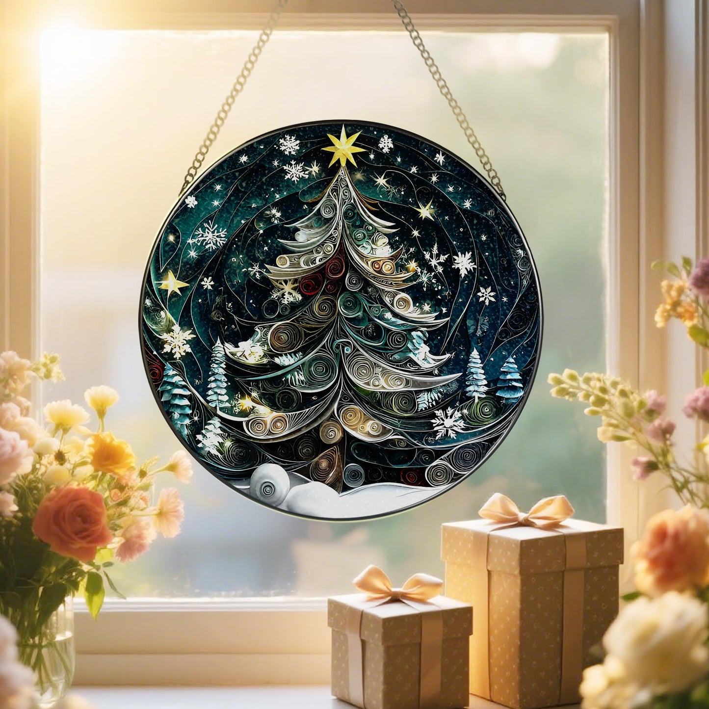 8-Inch Starry Christmas Tree Suncatcher Ornament: Stained Glass Window Hanging & Decor, Sun Catchers Indoor Window — Gift for Christmas, Holiday Present Idea, Gifts Exchange, Gift Idea