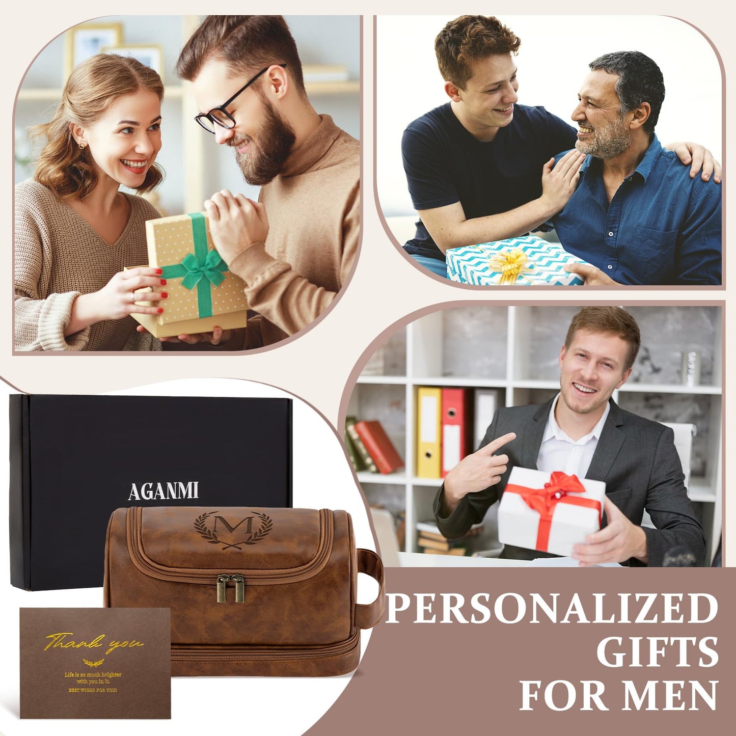 Aganmi Personalized Gifts Travel Toiletry Bag for Men Him, Laser-Engraved Initial PU Leather Waterproof Shaving Bag Christmas Birthday Gift for Men Dad Husband Boyfriend Groomsmen, Light Brown M