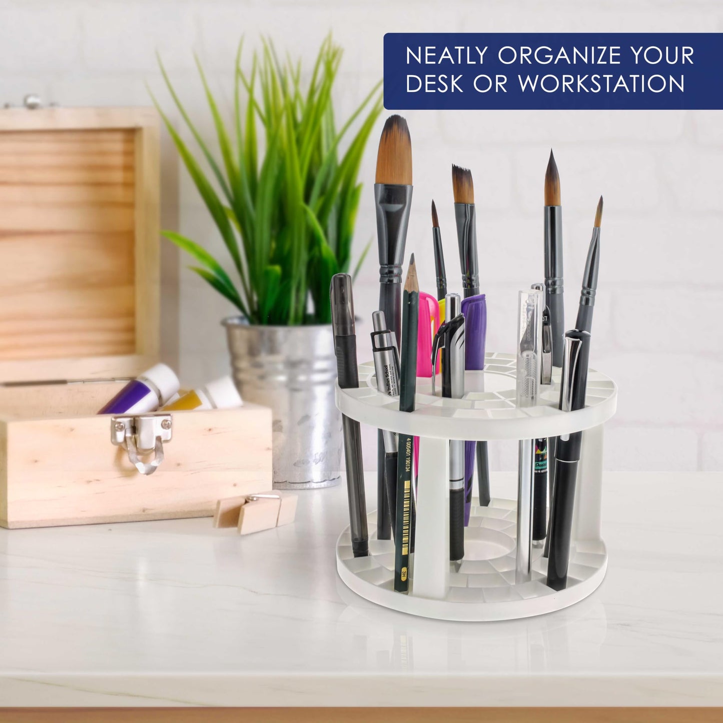 U.S. Art Supply Plastic Artist Round 50 Hole Paint Brush Holder and Organizer - Rack Holds Paintbrushes, Makeup Cosmetic Brushes, Pencils, Pens, Markers, Art Tools, Desk Stand - Students, Teachers