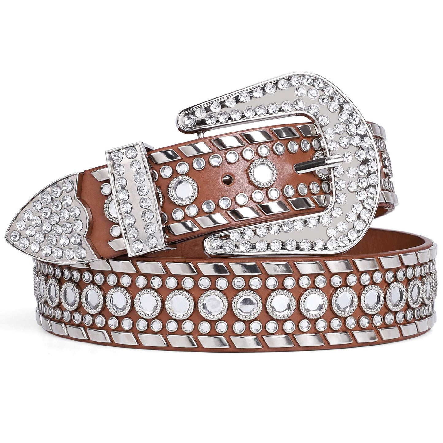 SUOSDEY Rhinestone Belt for Men Women Western Cowboy Cowgirl Bling Studded Leather Belt for Jeans Pants,Brown,M