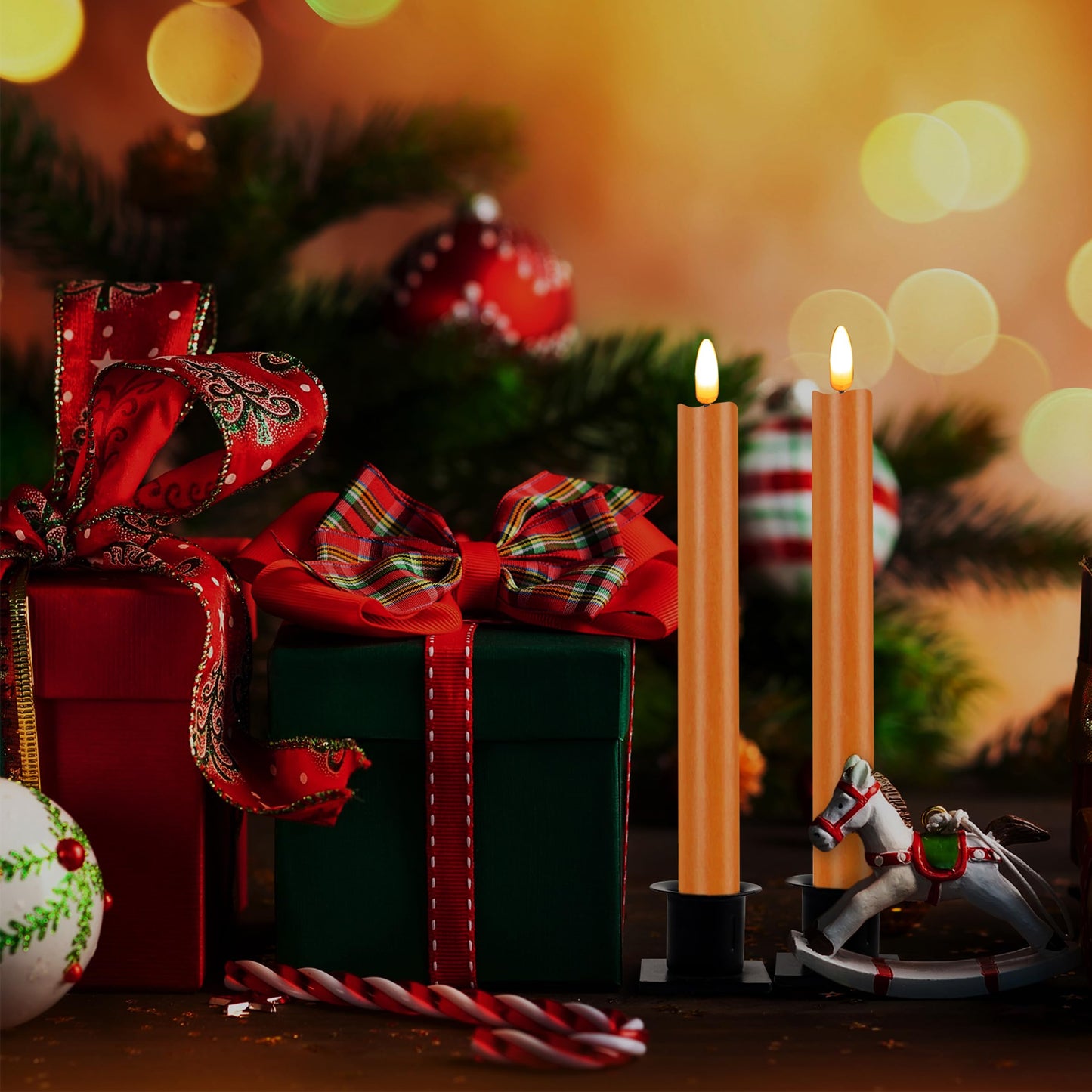 CVHOMEDECO. Real Wax Flameless Taper Candles with 10-Key Remote, Battery Operated Led Flickering 3D Wick Light Window Candles Home Christmas Party Decor 0.78 x 10 Inch, Pack of 2, Orange