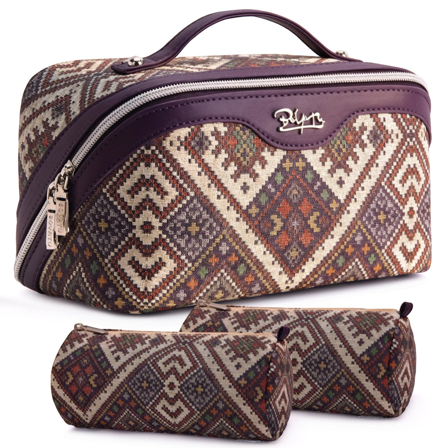 BOYATU Travel Makeup Bags for Women: Western Boho Chic Large Capacity Cosmetic Organizer - Wild, free, Unrestrained - 3Pc Waterproof Toiletry Set with Blush Compartment - No Chaos & Easy Clean Plum