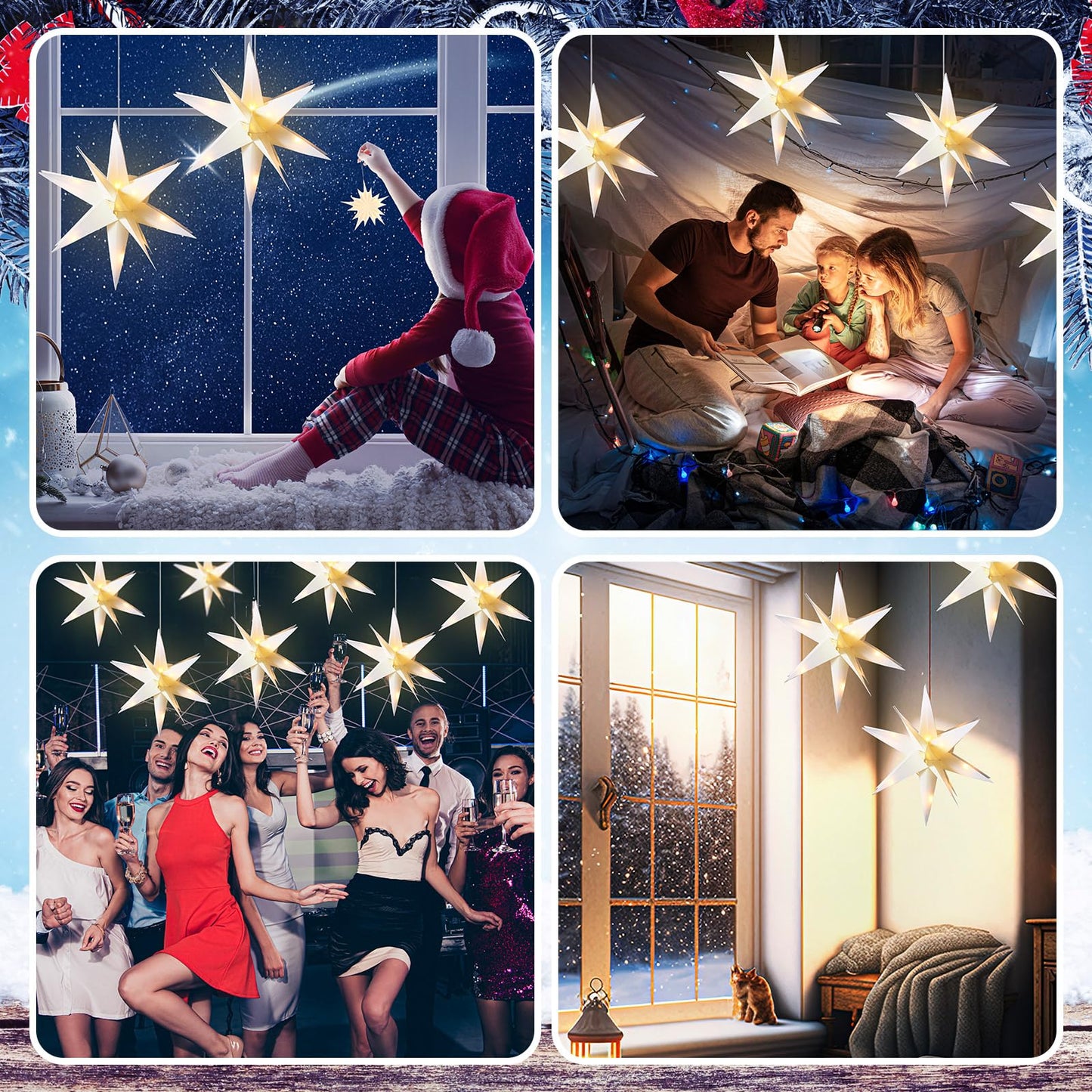 VIHOSE 12 Pcs Large White Moravian 15'' Led Tree Topper 3D Lighted Christmas Holiday Porch Hanging Outdoor Xmas for Window Home Decoration