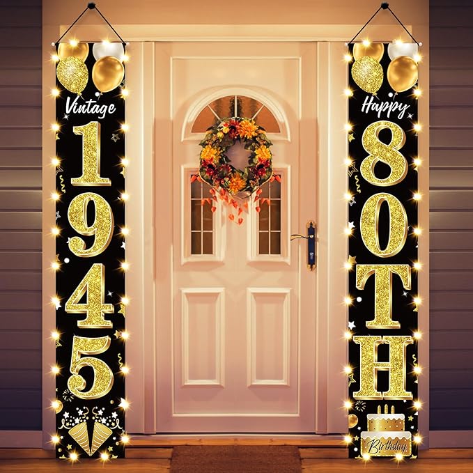 80th Birthday Party Banner Lighted Decorations for Men Women - Black Gold Vintage 1945 80th Birthday Door Banners with LED Light, Eighty Years Bday Party Supplies for Indoor Outdoor Decor
