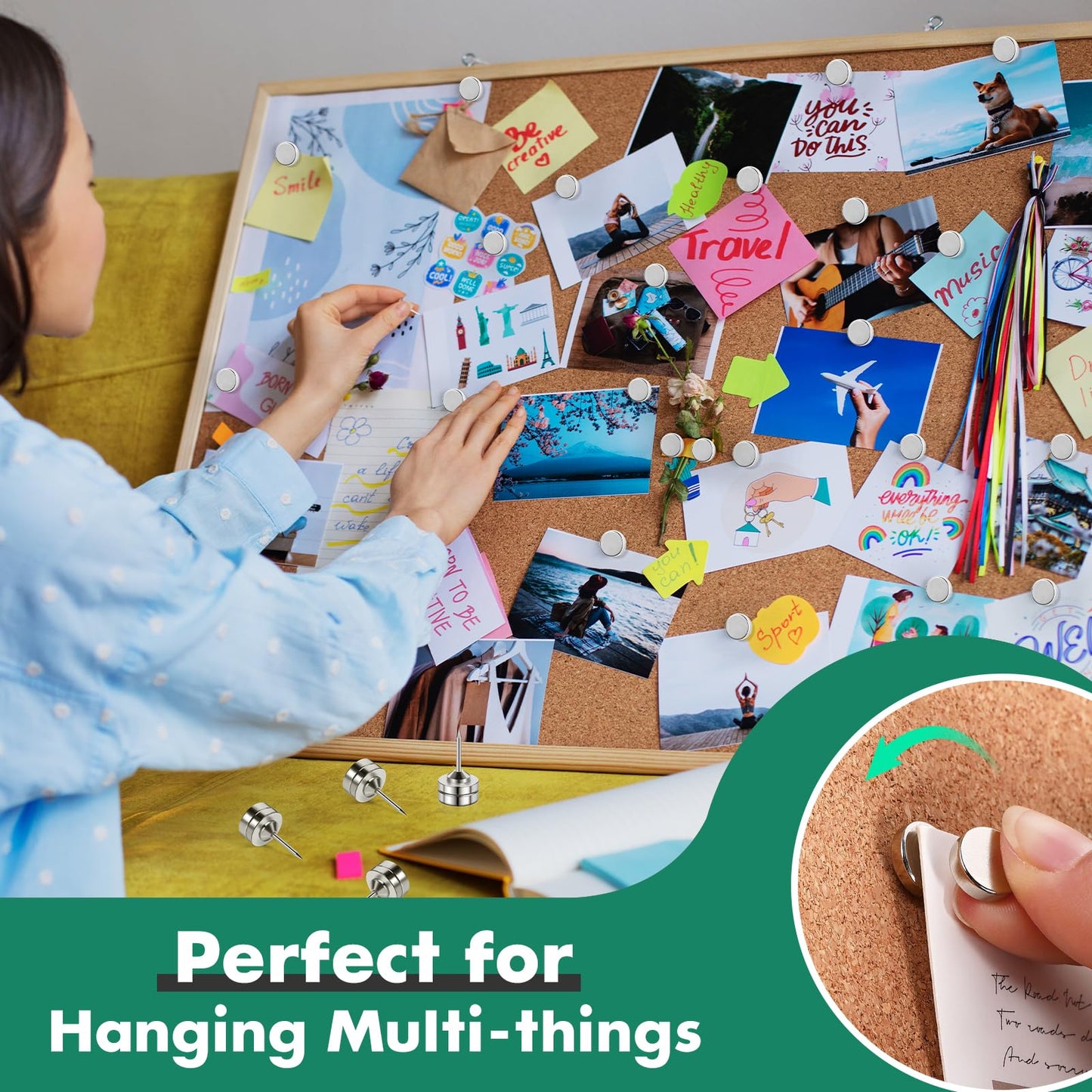 GOOLADA 30 Sets Magnetic Tacks, Silver Magnetic Push Pins, Flat Thumbtacks for Hanging, Poster Hanger, Silver Push Pins for Bulletin Board Cork Board Cubicle Wall