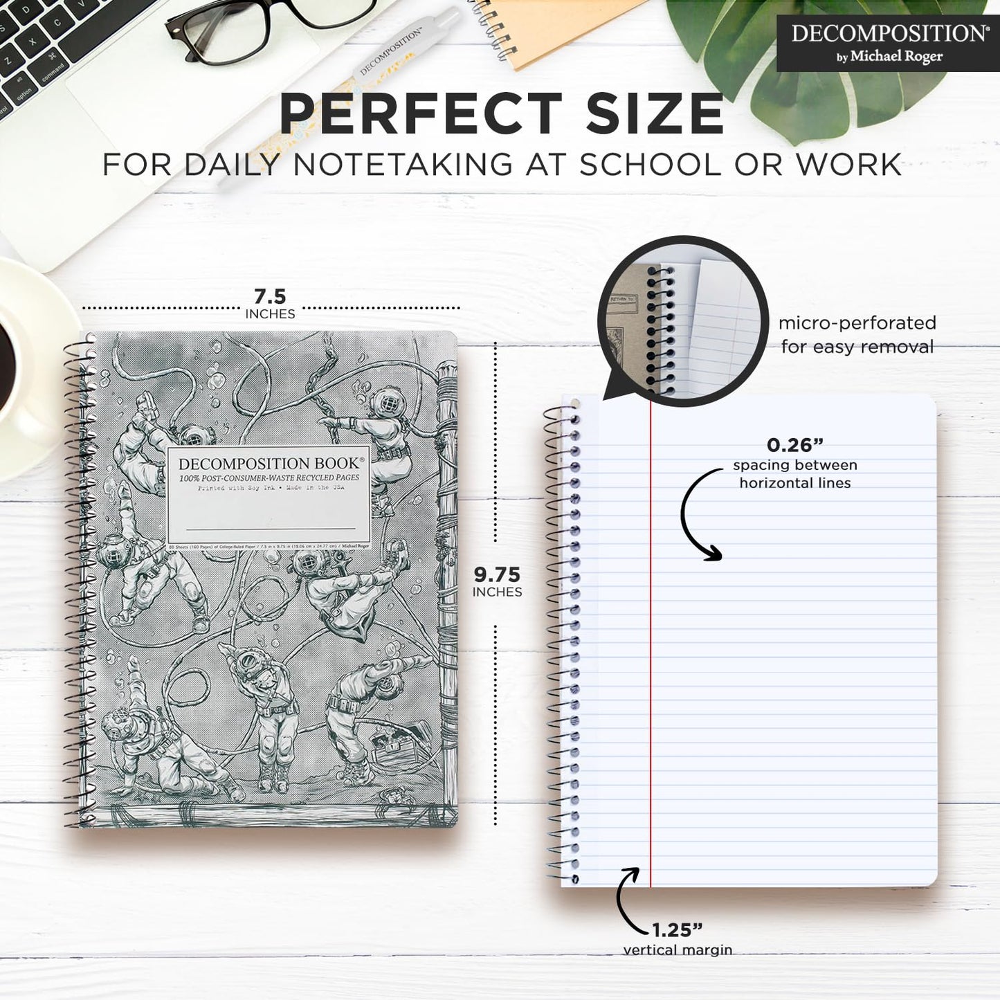 Decomposition Deep Stretch College Ruled Spiral Notebook - 9.75 x 7.5 Journal with 160 Lined Pages - 100% Recycled Paper - Cute Notebooks for School Supplies, Home & Office - Made in USA