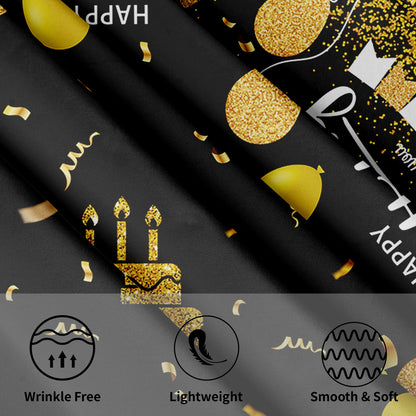 Giwawa Happy Birthday Round Tablecloth 60" Black Gold Birthday Cake Confetti Flags Balloons Gifts Decorative Circle Table Cloth Cover Stain & Wrinkle Resistant for Dining Room Kitchen Indoor Outdoor