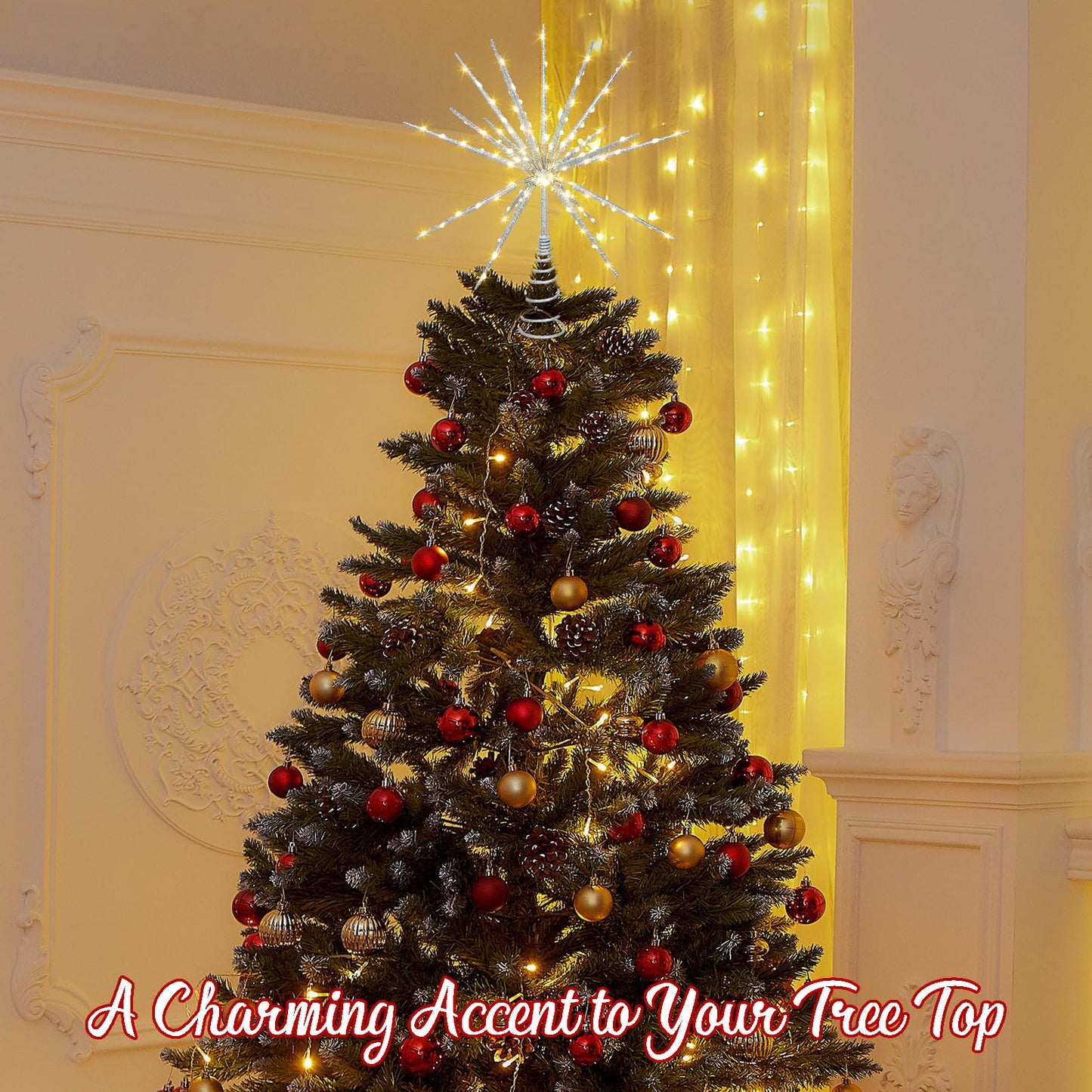 HMASYO 15 Inch Twinkling Starburst Christmas Tree Star Topper, 19-Point Silver Star Tree Topper with 150 LED, Remote Control & Timer, USB Power for Indoor Home Holiday Party Xmas Tree Decoration