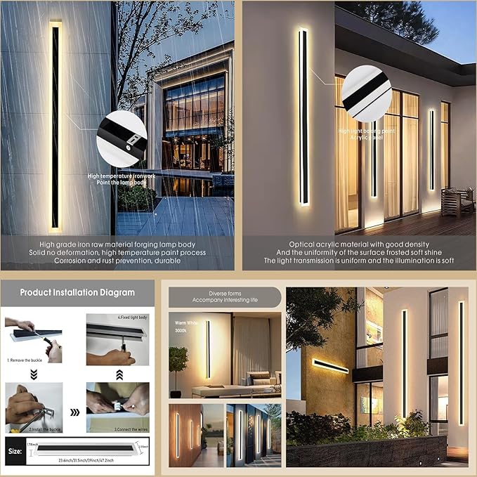 2Pack 47.2inch Long Outdoor Modern LED Wall Light,38W Waterproof IP65 Warm White 110V led Wall Mount Lighting Fixture Rectangular Black Wall Lights Elegant Frosted White Acrylic Anti Rust.