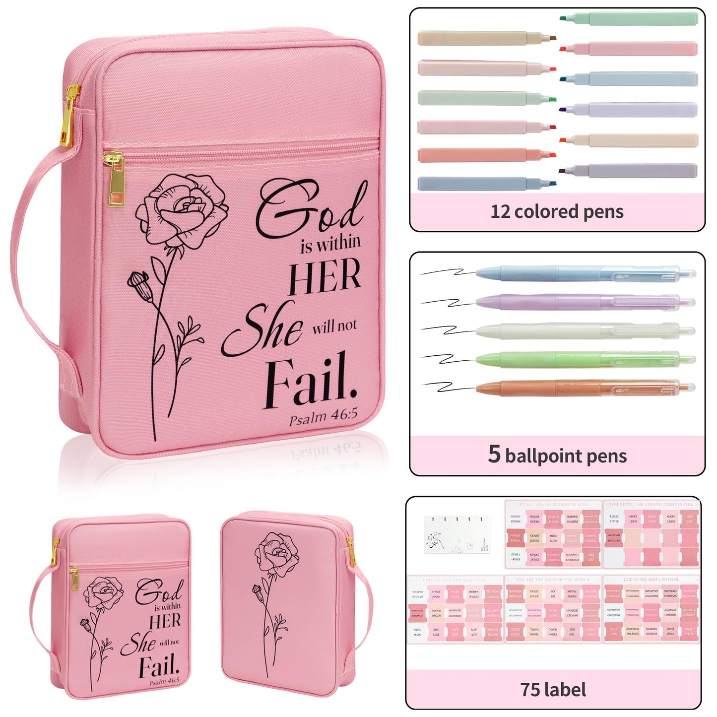 Bible Cover for Women, Bible Holder, Bible Study Supplies Accessories Bible Cover Carrier Carrying Organizer Bag, Zipper and Pockets for Standard Size Bible, Gift for Women（pinksuit）
