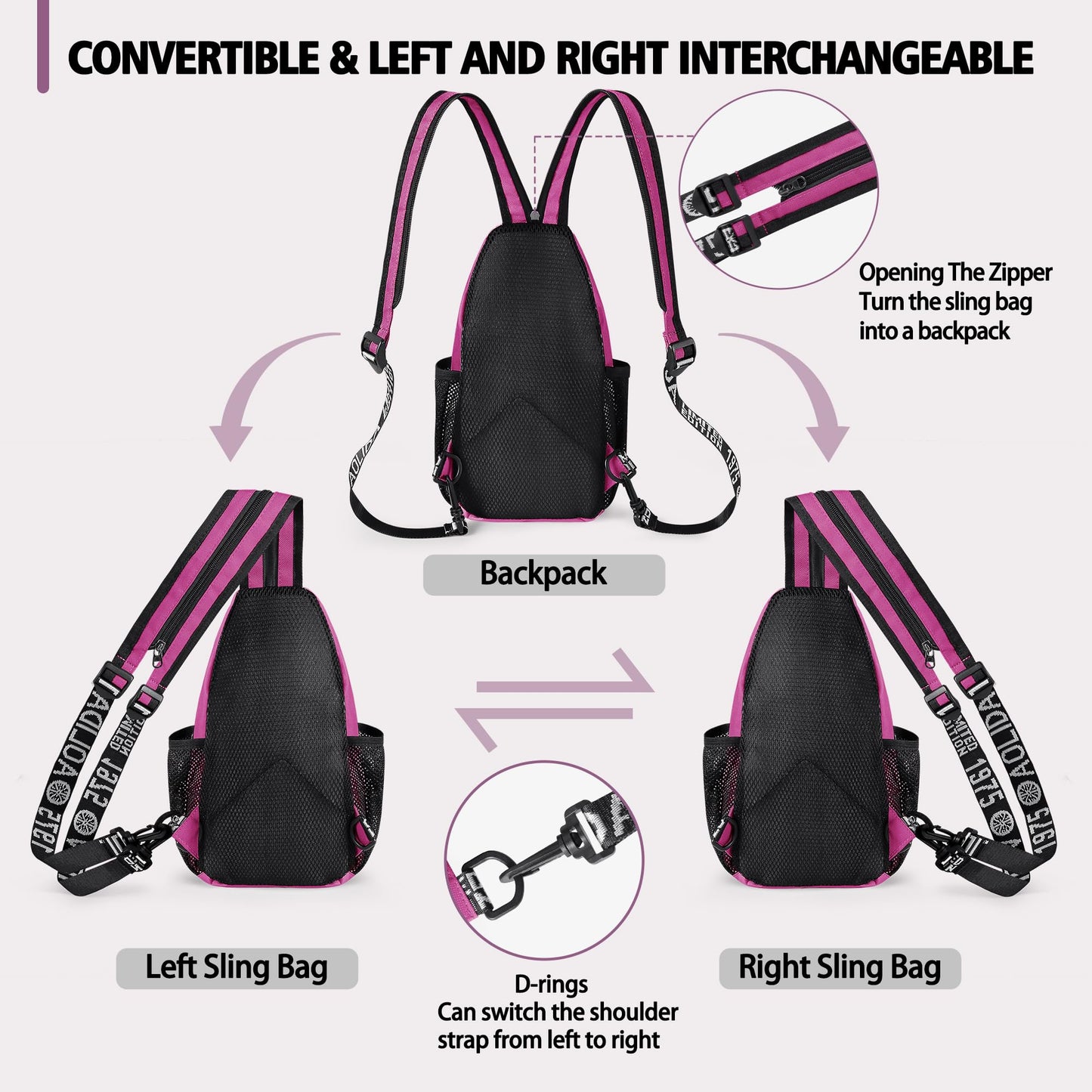 Geestock Convertible Sling Bag for Women Men, 12.6" Crossbody Sling Backpack with Headphone Hole Fit 7.9" Tablet, Lightweight Chest Bag Daypack Crossbody for Travel Sport Hiking & Commute,Purplishred