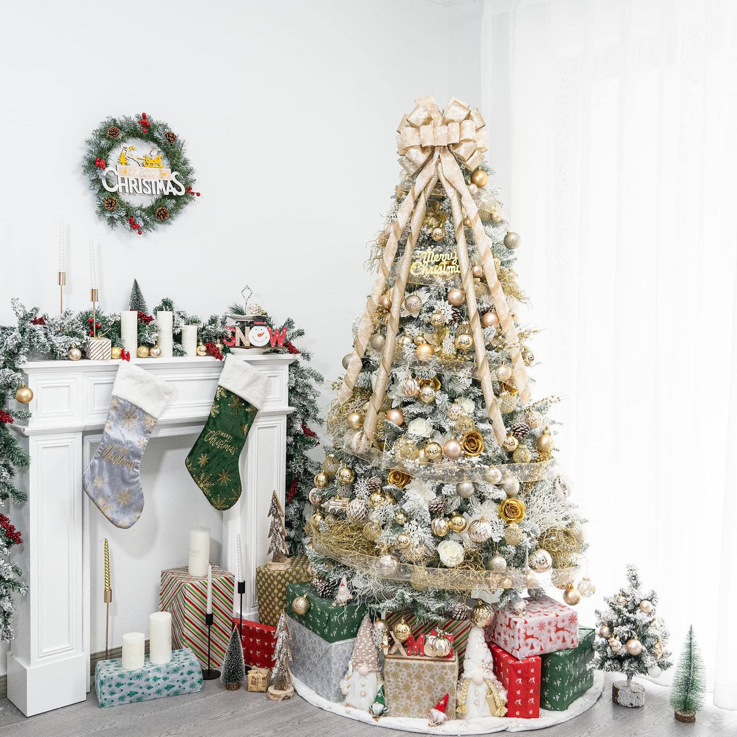 Hismir Christmas Tree Topper Bow，53x14 Inches Large Christmas Bow with Glitter Streamer and Patterned Ribbon，Decorative Bows for Xmas Tree Wreath Door Festival Home Decor(Champagne Gold Snowflake)