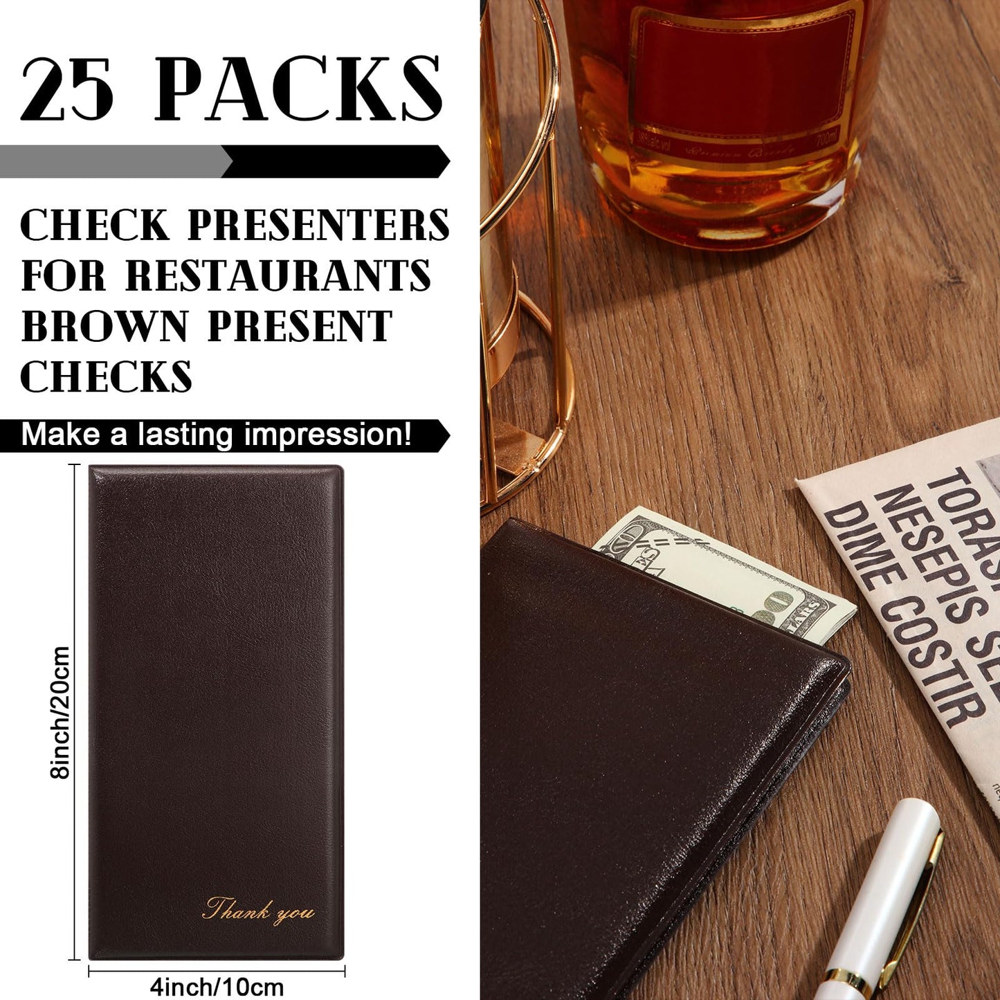 Affrolling 25 Pcs Check Presenters for Restaurants Dark Brown Guest Check Card Holder Bill Book Tip Check Holder with Gold Thank You Imprint Guest Check Books for Servers Cafe Bar Waiter, 8 x 4 Inch