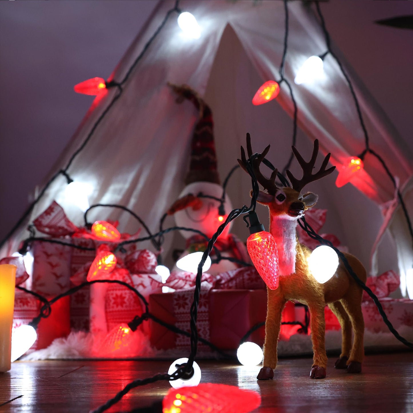 ODEETRONIC C9 Christmas Lights - 33ft 50 LED Red & White Christmas Tree Lights Connectable, 120V UL Certified Plugin Indoor C9 String Light, Valentines Day String Light for Xmas Wedding Party Decor